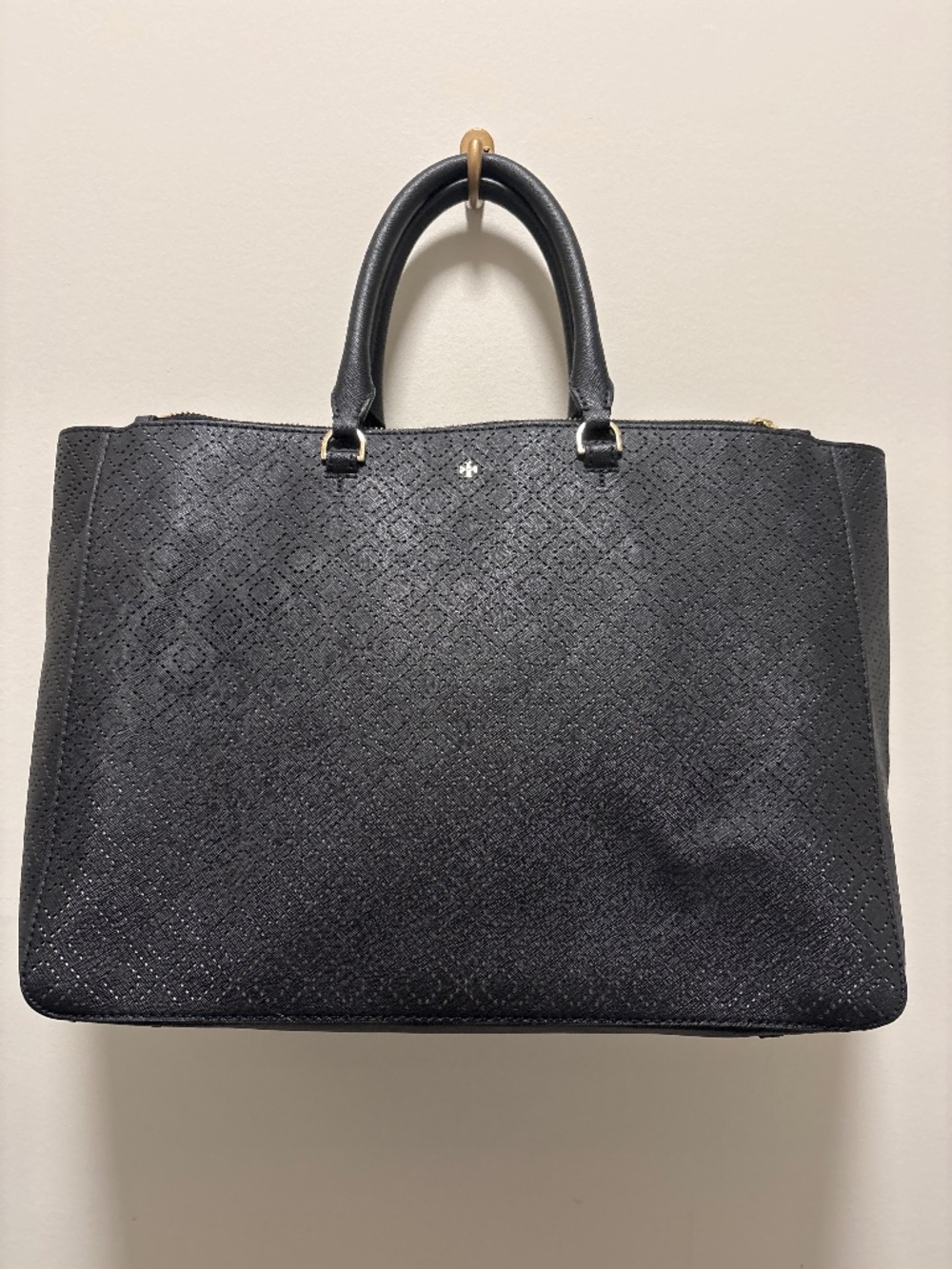 Tory Burch Robinson Perforated Black Leather Double Zip Satchel